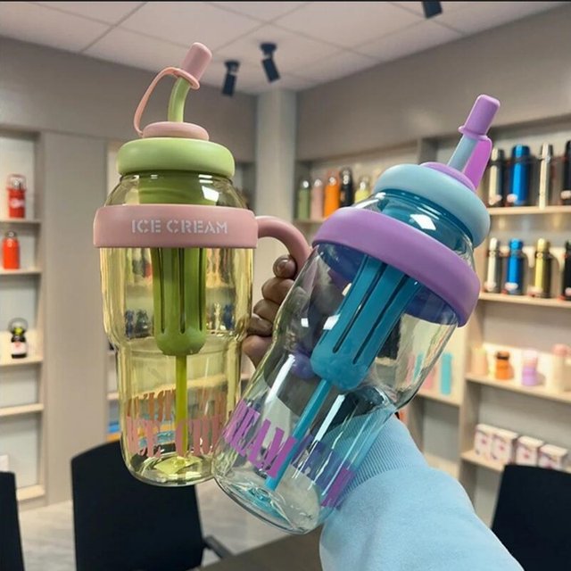 Ice Cream Water Bottle with Straw & Handle BPA-Free Leakproof Tumbler