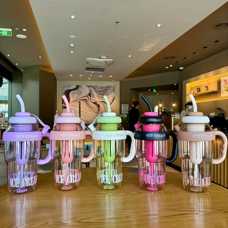 Ice Cream Water Bottle with Straw & Handle BPA-Free Leakproof Tumbler