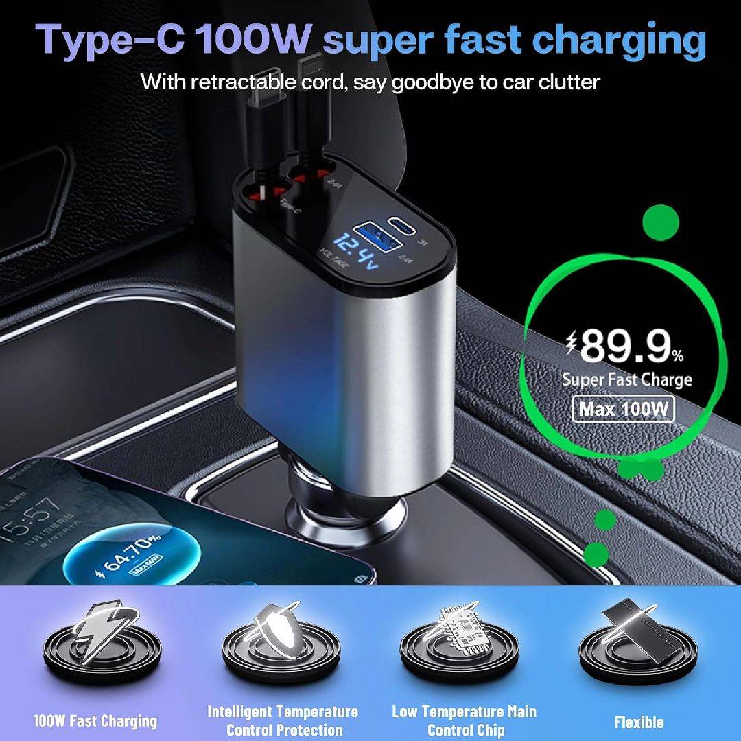 4-in-1 Retractable 120W Super Fast Car Phone Charger Adapter