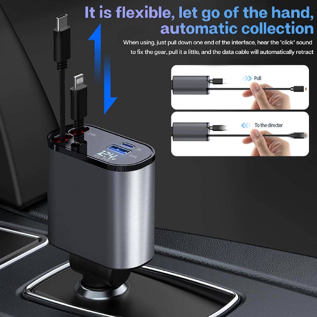 4-in-1 Retractable 120W Super Fast Car Phone Charger Adapter