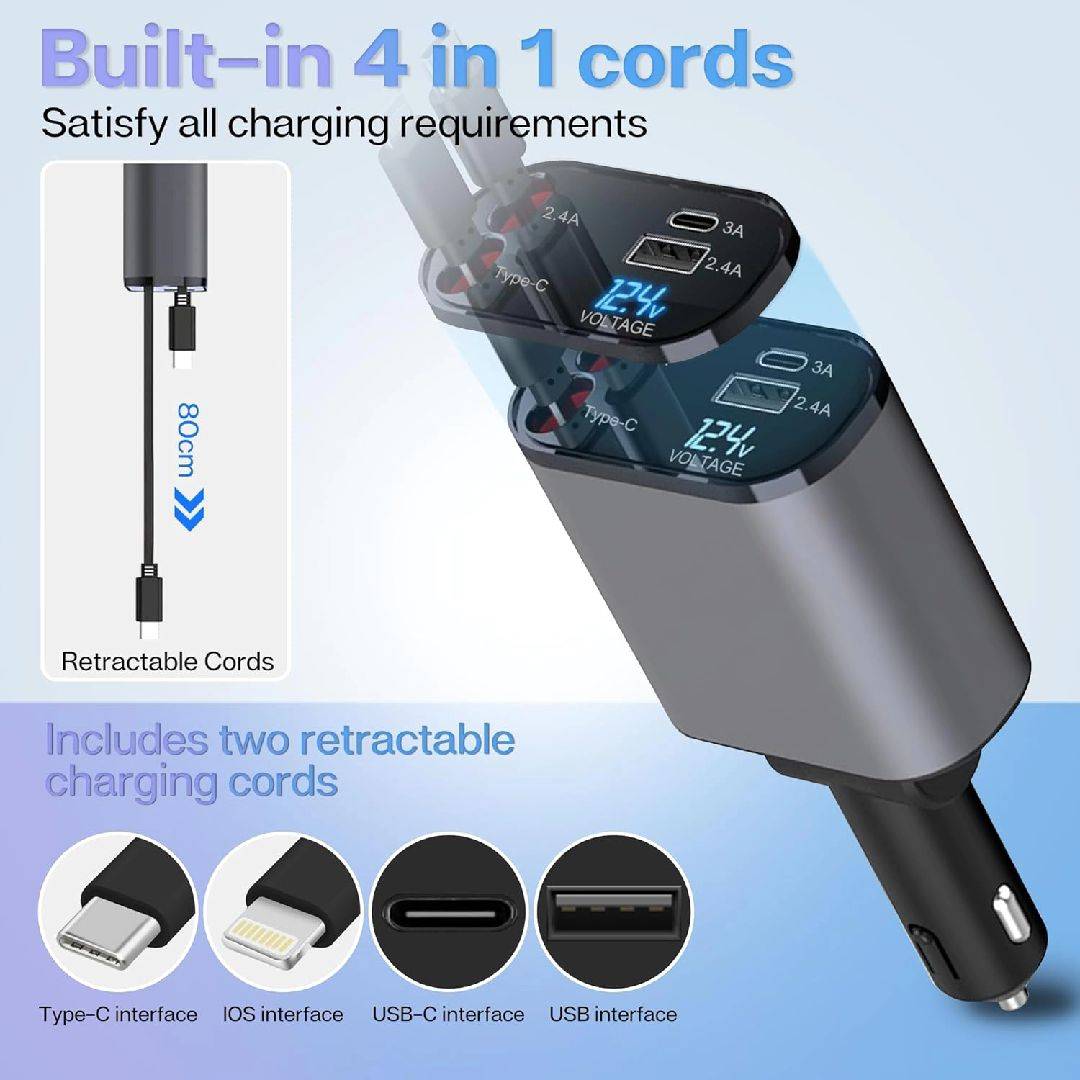 4-in-1 Retractable 120W Super Fast Car Phone Charger Adapter