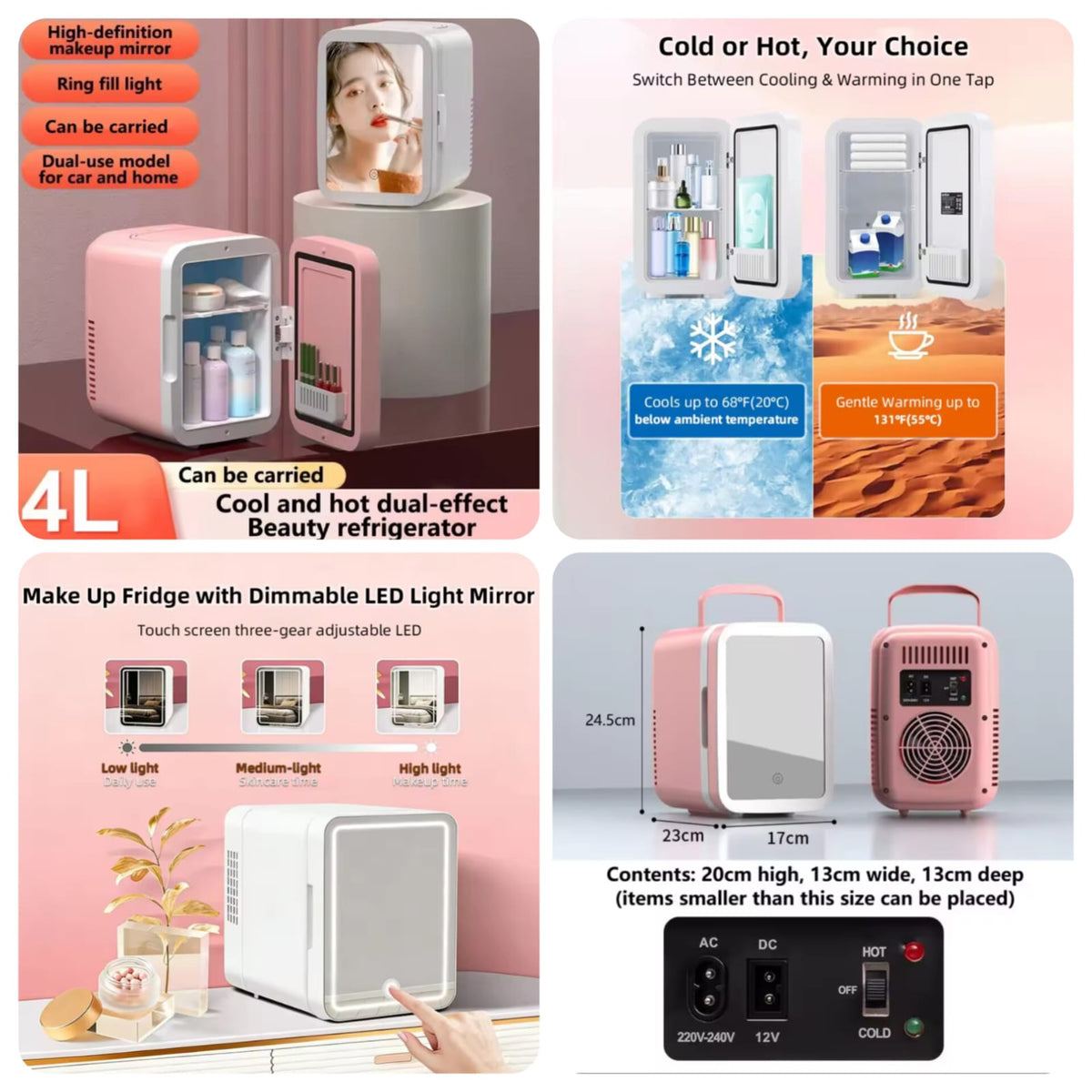 4L Portable Beauty Refrigerator with LED Mirror