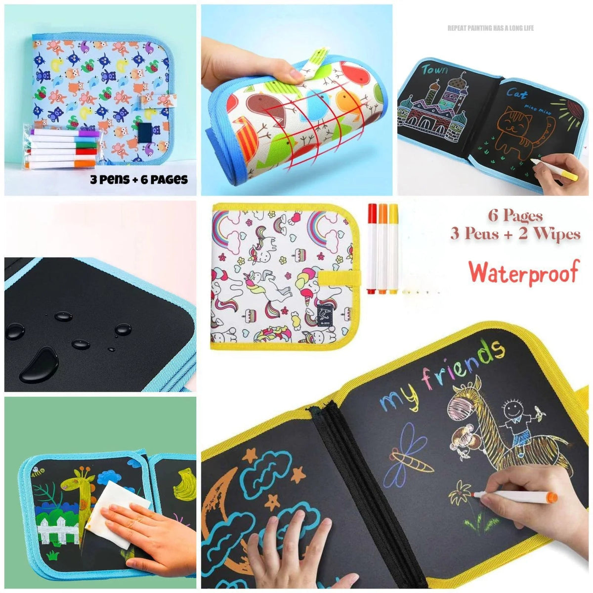 10 Pages Erasable Doodle Drawing Book Kit for Kids with Colors
