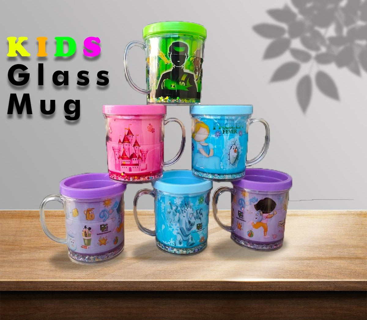 (Pack of 2) New Kids Cartoon Glitter Glass Mug For Boys and Girls