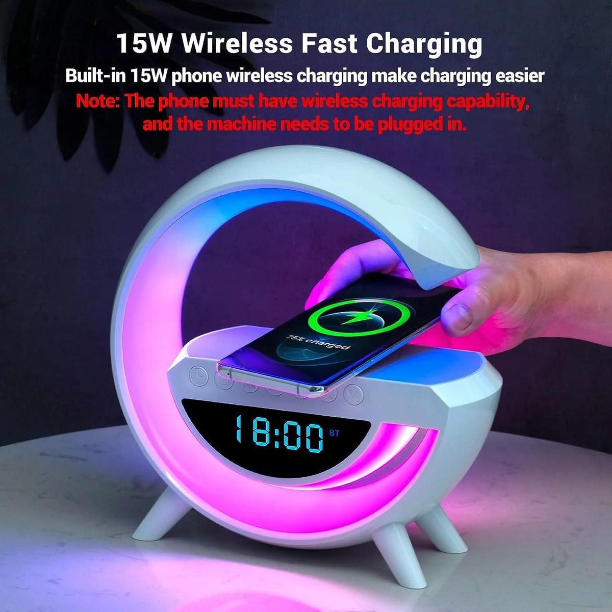 15W Wireless Charging Lamp with Bluetooth Speaker &amp; Digital Clock