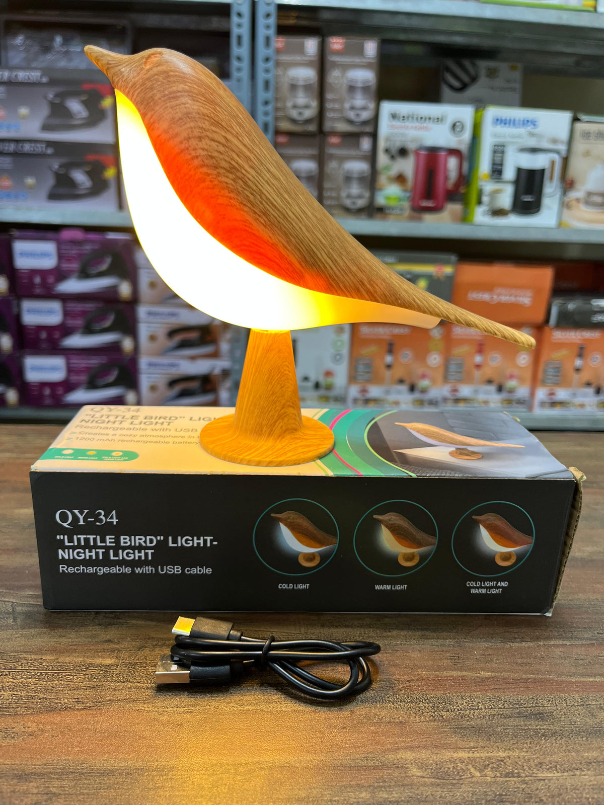 Little Bird Wooden Night Light – USB Rechargeable LED Lamp with Warm & Cool Light Modes