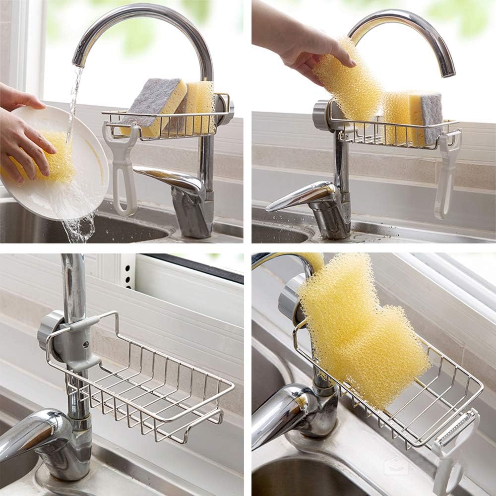 Stainless Steel Adjustable Faucet Sponge Holder Sink Organizer