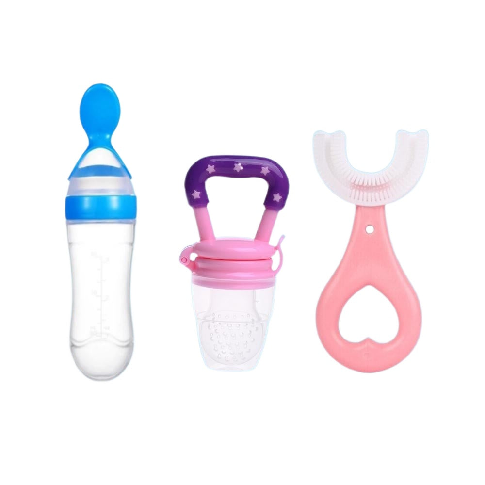 Baby Feeding Combo Pack with Fruit Feeder, Spoon & U-Shaped Toothbrush