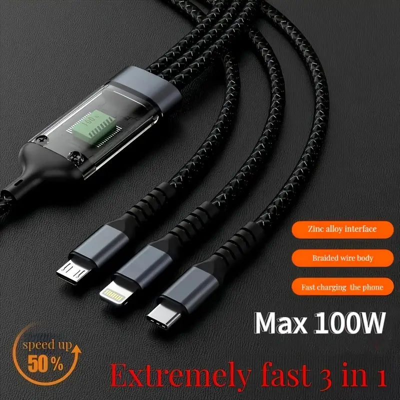 3-in-1 100W Fast Charging USB Cable with Digital Power Display