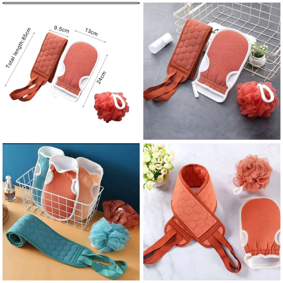 3 Pcs Shower & Bath Kit with Gloves Brush Shower Ball & Back Scrubber