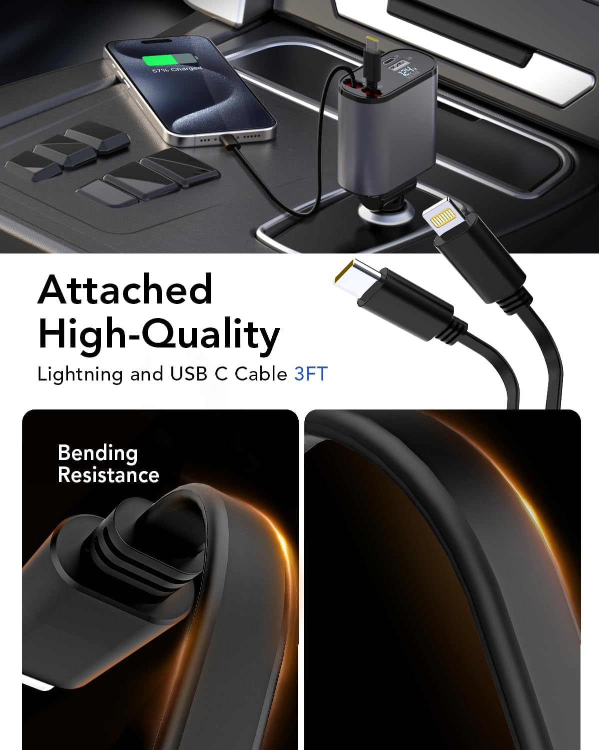 4-in-1 Car Charger With Retractable Cables