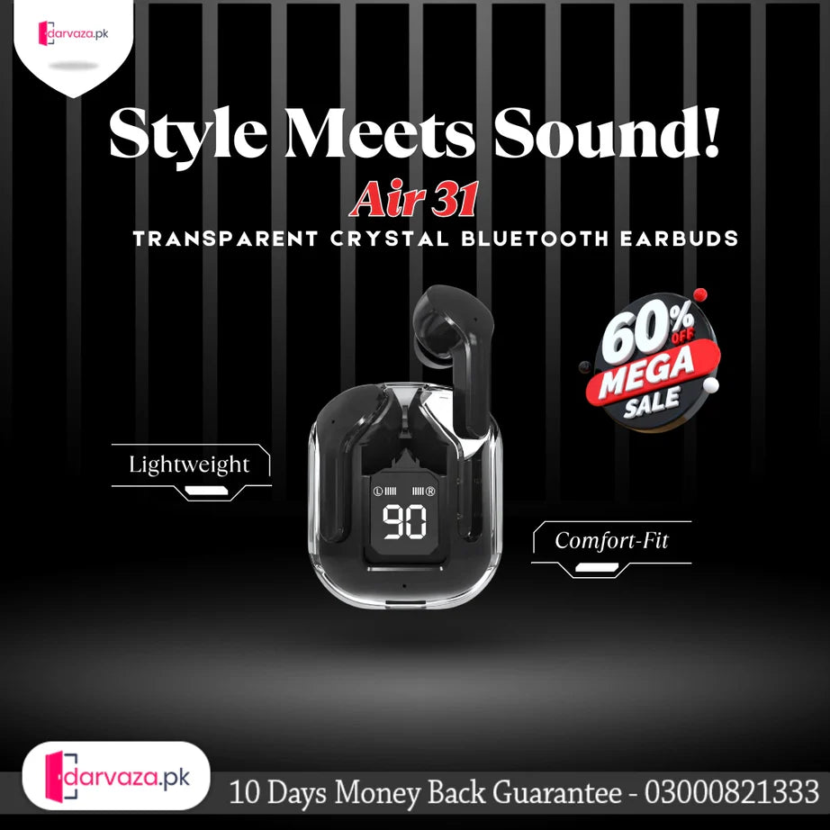 Air 31 Transparent Crystal Bluetooth Wireless Earbuds with Clear Sound