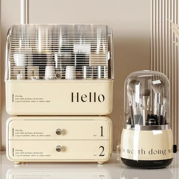 Stylish cosmetic organizer with dual shelves and brush holder
