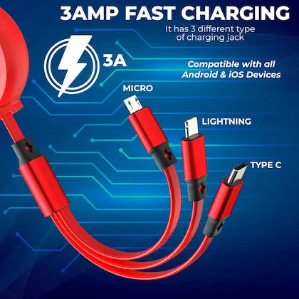Extendable Data Cable 3 In 1 USB Charge for Micro-USB Type C Wire Portable For Fast Charging