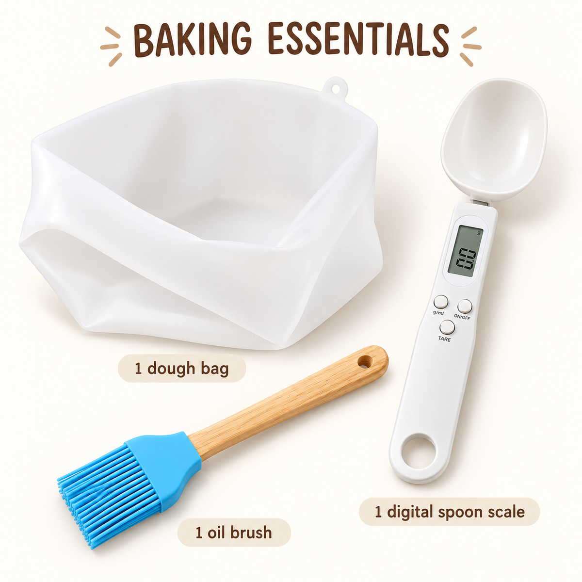 Baking bundle showing one silicone dough bag, one digital spoon scale and one wooden-handle oil brush