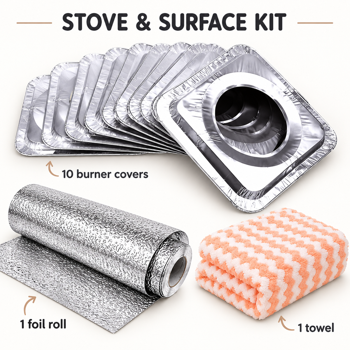 Stove and surface kit showing ten silver burner covers, one aluminium foil roll and one peach kitchen towel
