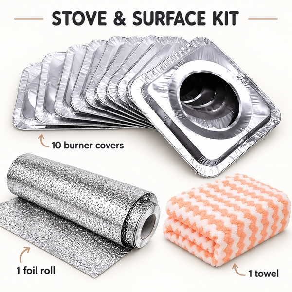 Stove and surface kit showing ten silver burner covers, one aluminium foil roll and one peach kitchen towel