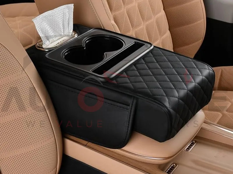 5-in-1 Universal Leather Armrest Cushion Cup Holder Console with Tissue Box and Phone Slot - Black