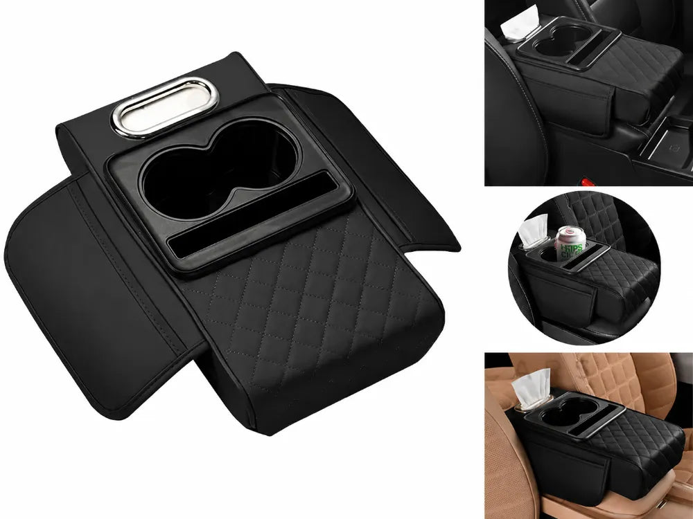 5-in-1 Universal Leather Armrest Cushion Cup Holder Console with Tissue Box and Phone Slot - Black
