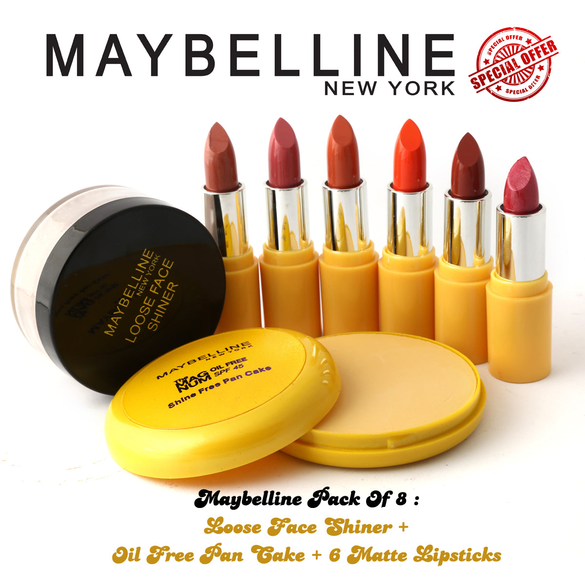 MAYBELLINE PACK OF 8 : LOOSE FACE SHINER + OIL FREE PAN CAKE + 6 MATTE LIPSTICKS