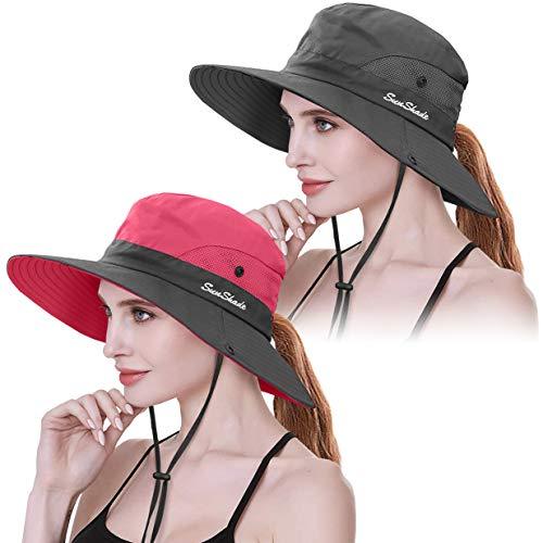 Women's Outdoor UV-Protection-Foldable Sun-Hats Mesh Wide-Brim Beach Fishing Hat with Ponytail-Hole