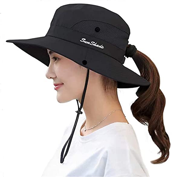 Women's Outdoor UV-Protection-Foldable Sun-Hats Mesh Wide-Brim Beach Fishing Hat with Ponytail-Hole