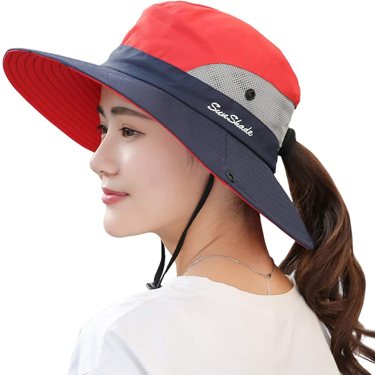 Women's Outdoor UV-Protection-Foldable Sun-Hats Mesh Wide-Brim Beach Fishing Hat with Ponytail-Hole