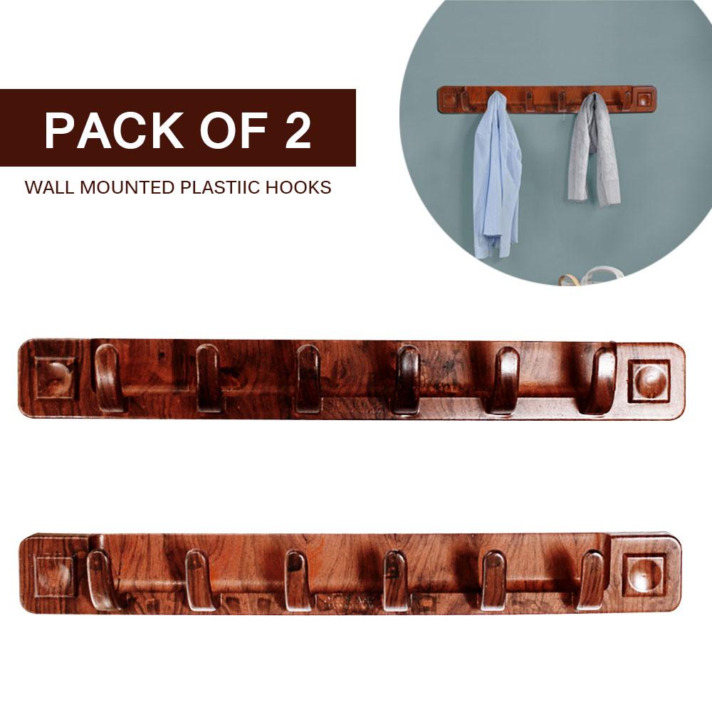 Wall Mount 6 Hooks Wood Style Cloth Hook Pack of 2
