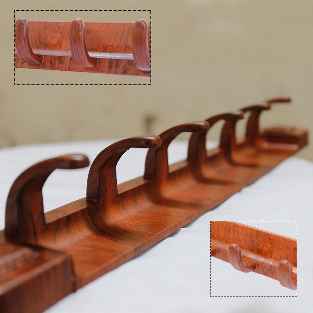 Wall Mount 6 Hooks Wood Style Cloth Hook Pack of 2