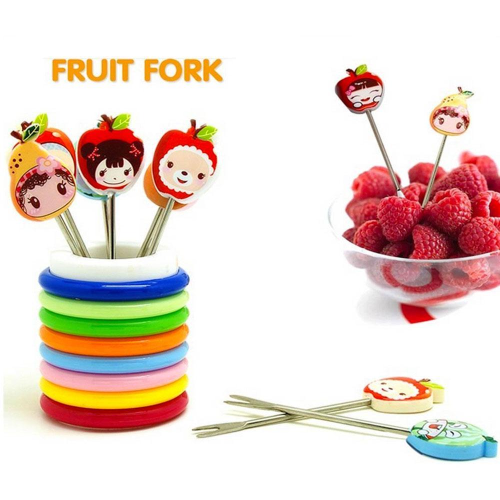 Set of 8 pcs Fun Shape Fruit Fork with Rings Stand - MultiColour