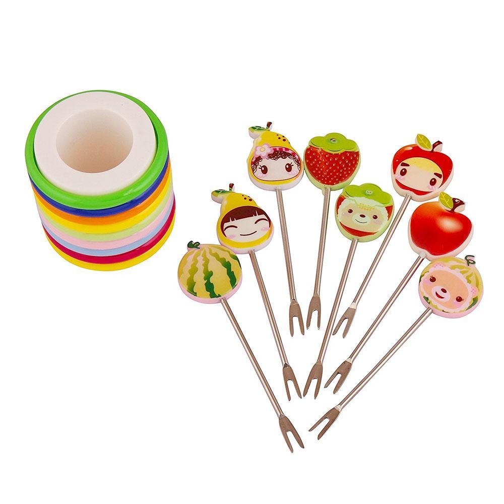 Set of 8 pcs Fun Shape Fruit Fork with Rings Stand - MultiColour