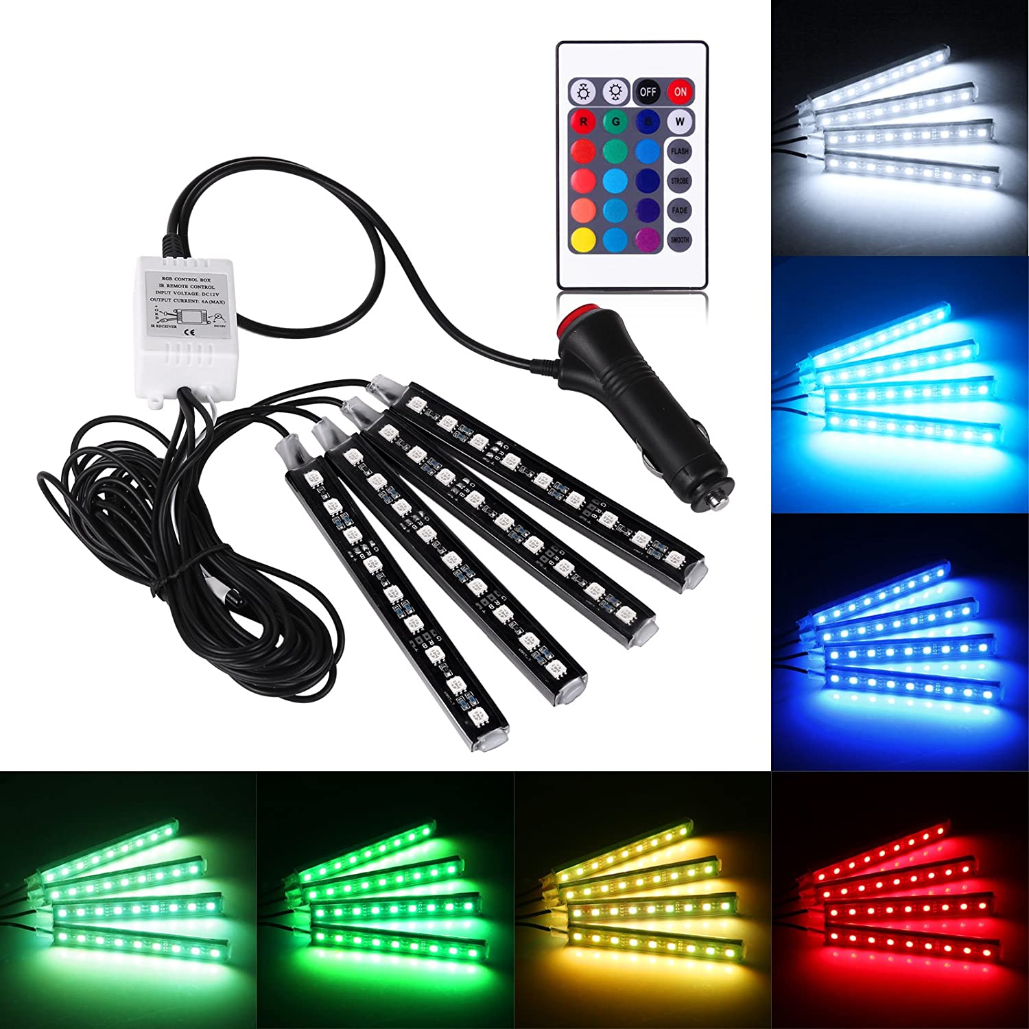 Car LED Strip Lights 4pcs 48 LED Multicolor Music Car Interior Atmosphere Lights