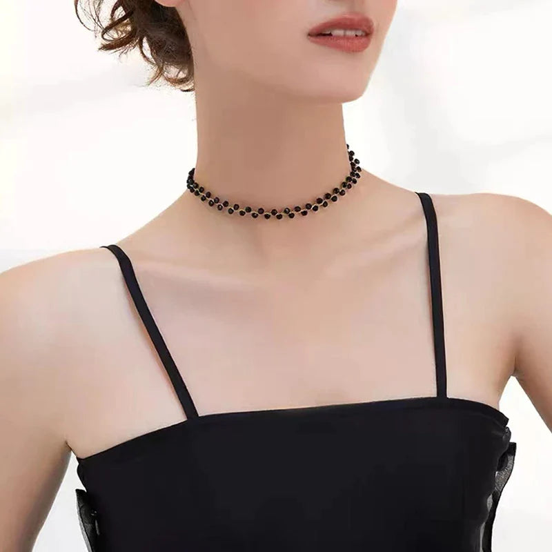 Fashion Luxury Black Crystal Glass Bead Choker Necklace For Women