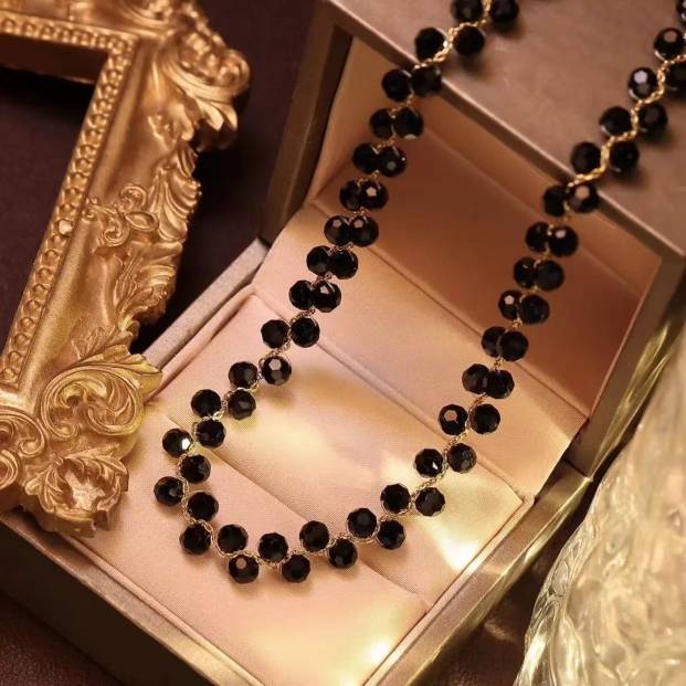 Fashion Luxury Black Crystal Glass Bead Choker Necklace For Women