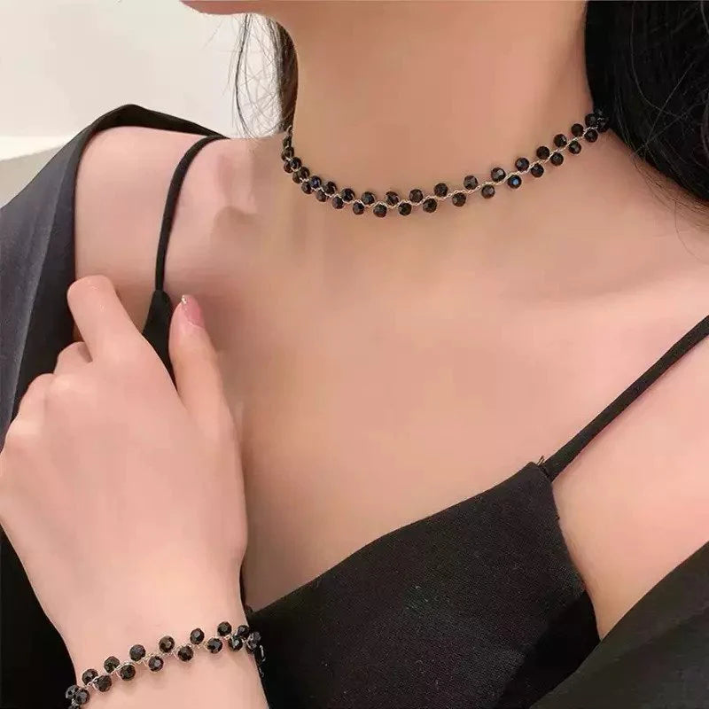 Fashion Luxury Black Crystal Glass Bead Choker Necklace For Women