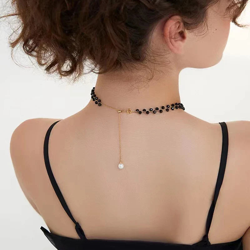 Fashion Luxury Black Crystal Glass Bead Choker Necklace For Women