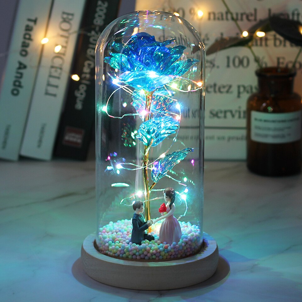 Beauty And Beast Rose Flower With Teddy Rose Bear In Glass Dome Home Wedding Decoration