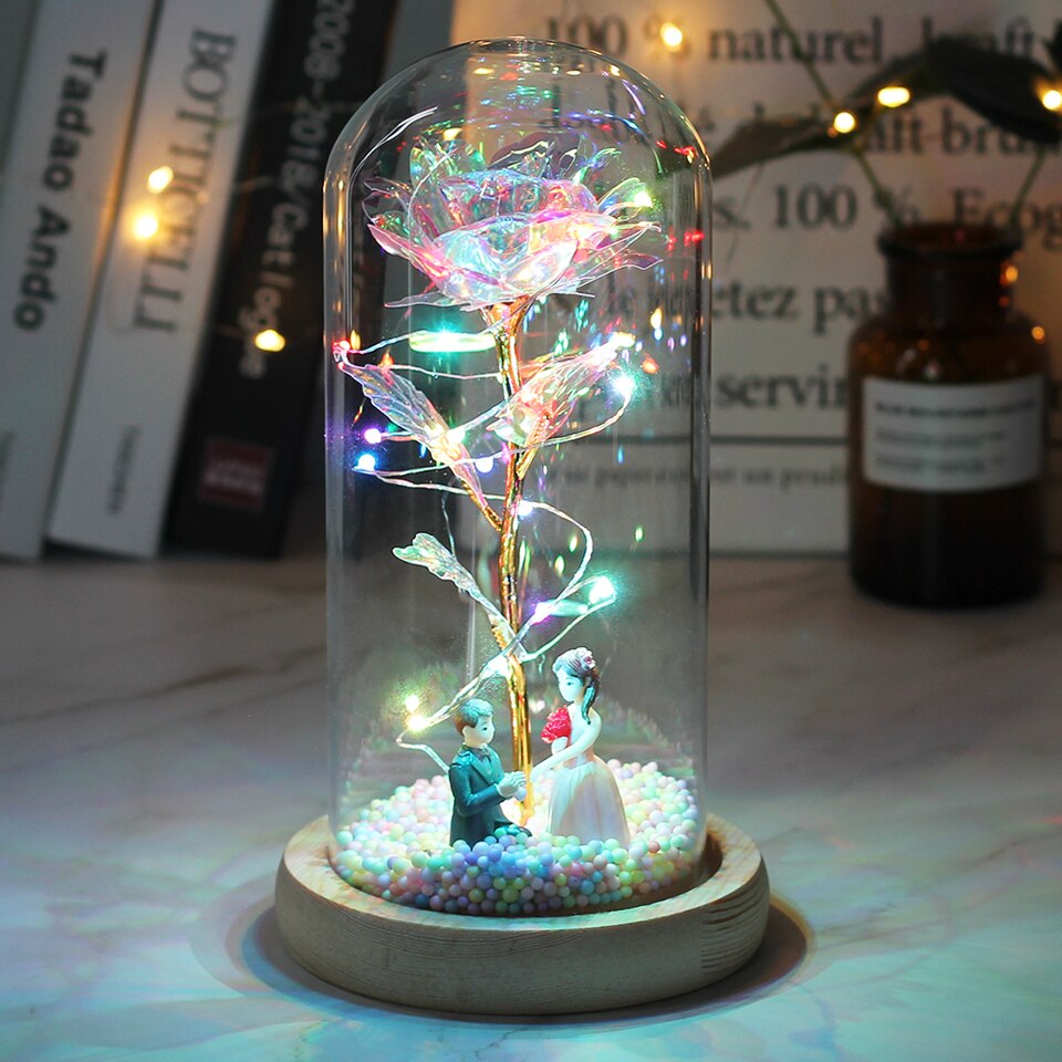 Beauty And Beast Rose Flower With Teddy Rose Bear In Glass Dome Home Wedding Decoration