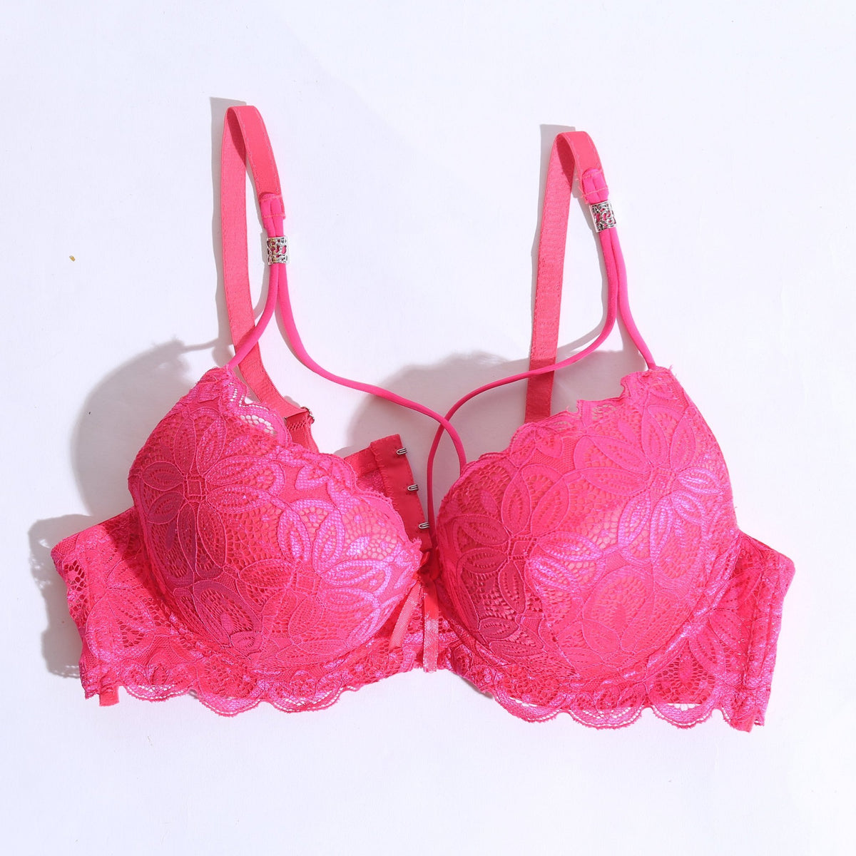 WOMEN LACE G-STRING PADDED BRA - SHOCKING PINK ( 1056 )